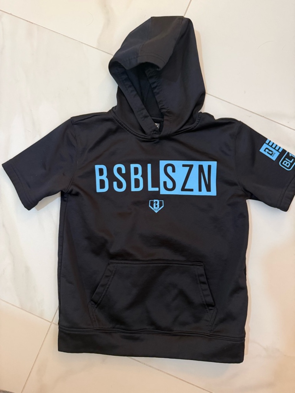 BSBLSZN Black Short-Sleeve Hoodie with Light Blue Logo for Kids